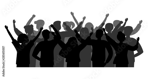Black silhouette cheerful crowd people. Group of people men and women. Party celebrating, concert, applause people hands up. Vector Illustration