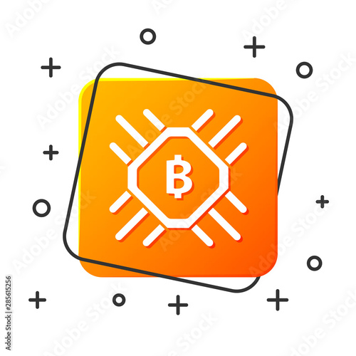 White CPU mining farm icon isolated on white background. Bitcoin sign inside processor. Cryptocurrency mining community. Digital money. Orange square button. Vector Illustration