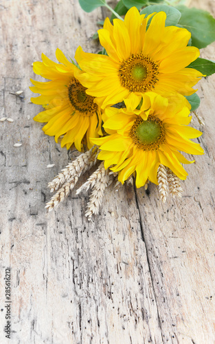 Fototapeta Naklejka Na Ścianę i Meble -  bouquet of sunflowers with dry wheat on a rustic table