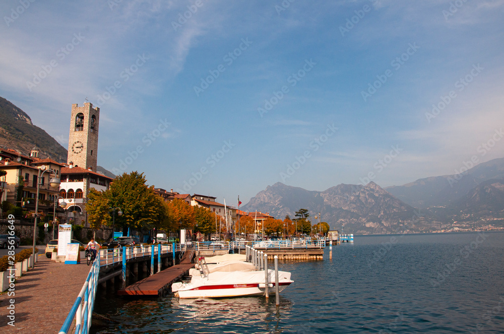  Panorama with the picturesque village of Tavernola Bergamasca, Lake Iseo, Italy