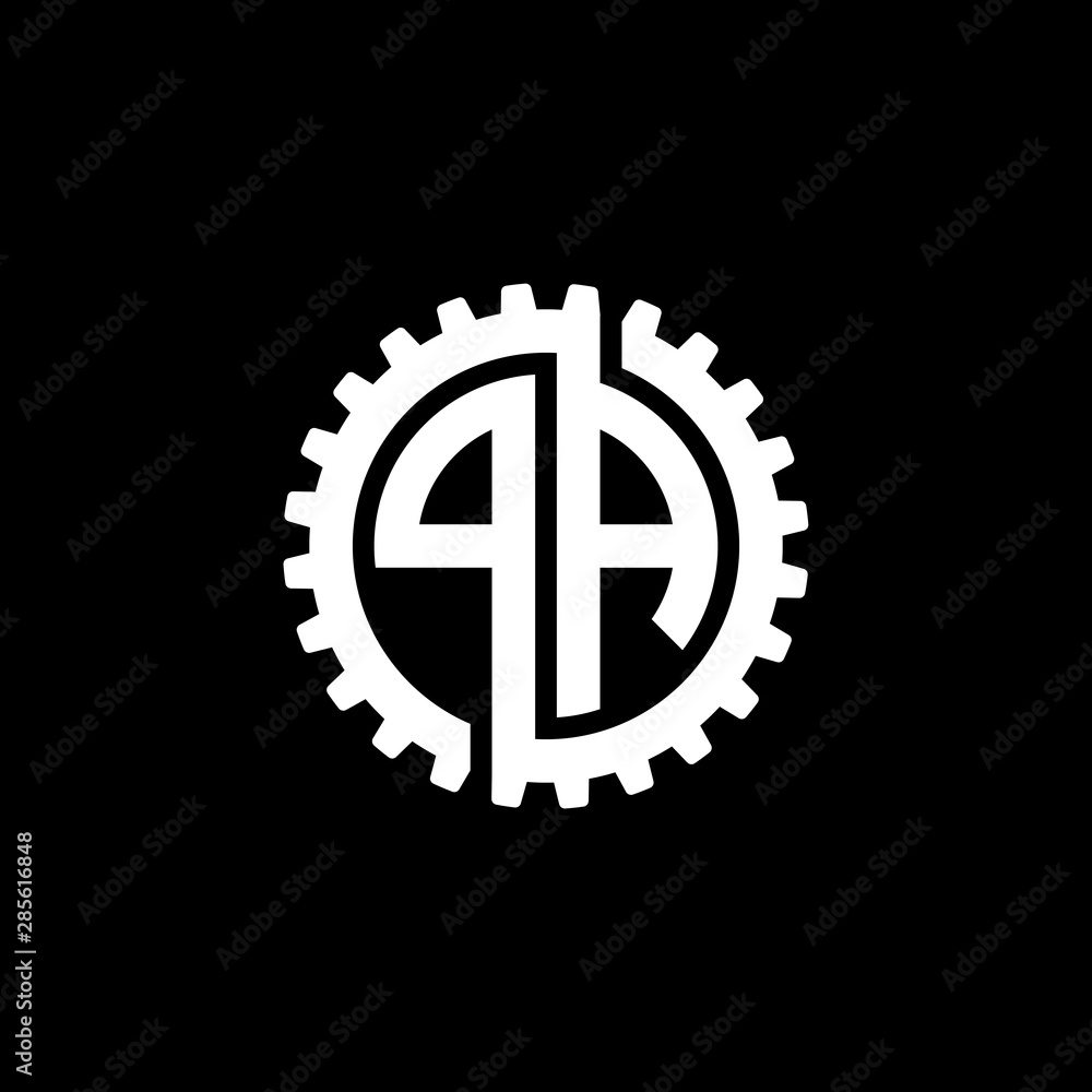 Initial letter P and A, PA, interlock cogwheel gear monogram logo, white color on black background Initial letter P and A, PA, interlock cogwheel gear monogram logo, white color on black background