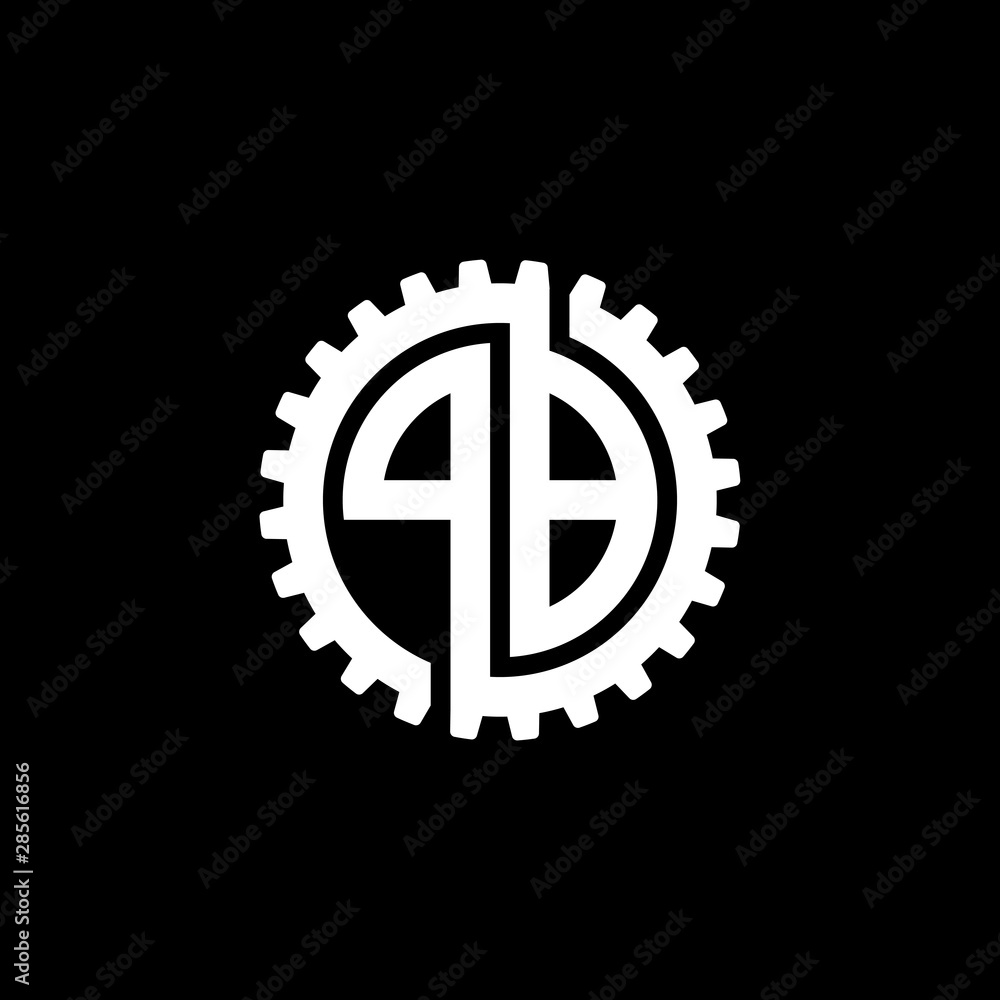 Initial letter P and B, PB, interlock cogwheel gear monogram logo, white color on black background Initial letter P and B, PB, interlock cogwheel gear monogram logo, white color on black background