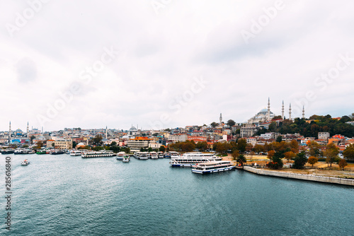 City Istanbul. Istanbul daytime landscape. View of the city. Galata Tower  Galata Bridge  Karakoy district and Golden Horn at daytime.