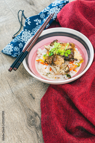 Asian style caramel pork with rice and vegetable