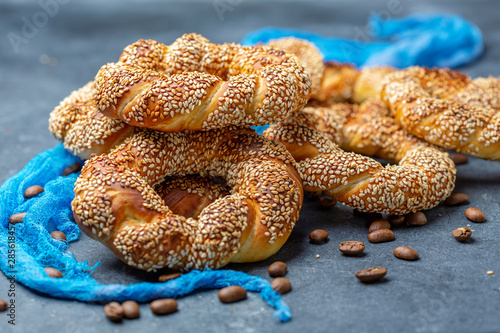 Traditional Turkish bagels close up.