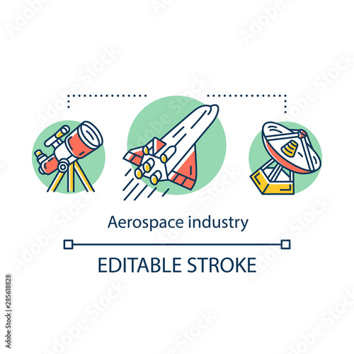 Aerospace industry concept icon. Cosmos exploration and travel. Astronautics. Observation of space objects, rocketry idea thin line illustration. Vector isolated outline drawing. Editable stroke