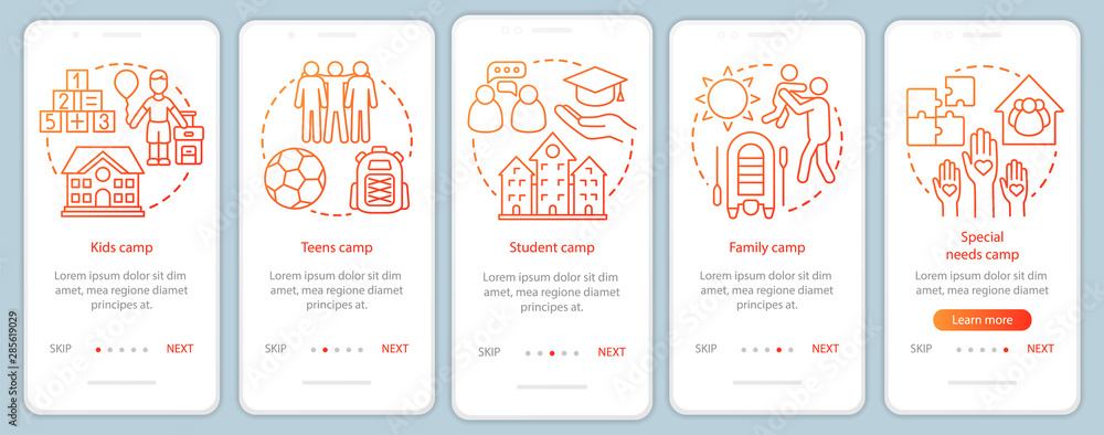 Children camps onboarding mobile app page screen vector template. Kids and family holiday. Walkthrough website steps with linear illustrations. UX, UI, GUI smartphone interface concept