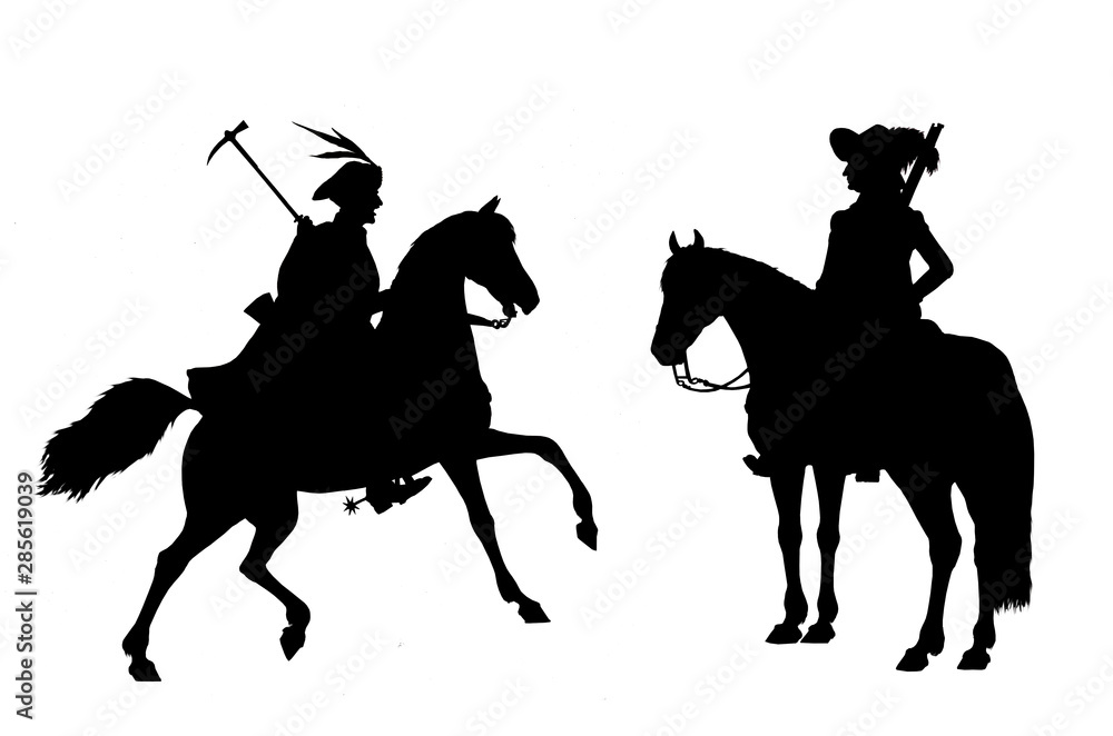 Mounted knights illustration. Mounted musketeer and croatian rider silhouette from thirty years war. Historical illustration.