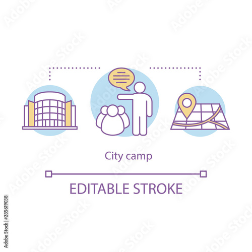 City, urban camp concept icon. Summer children club, holiday pastime idea thin line illustration. Exploring town, visiting city landmarks. Vector isolated outline drawing. Editable stroke