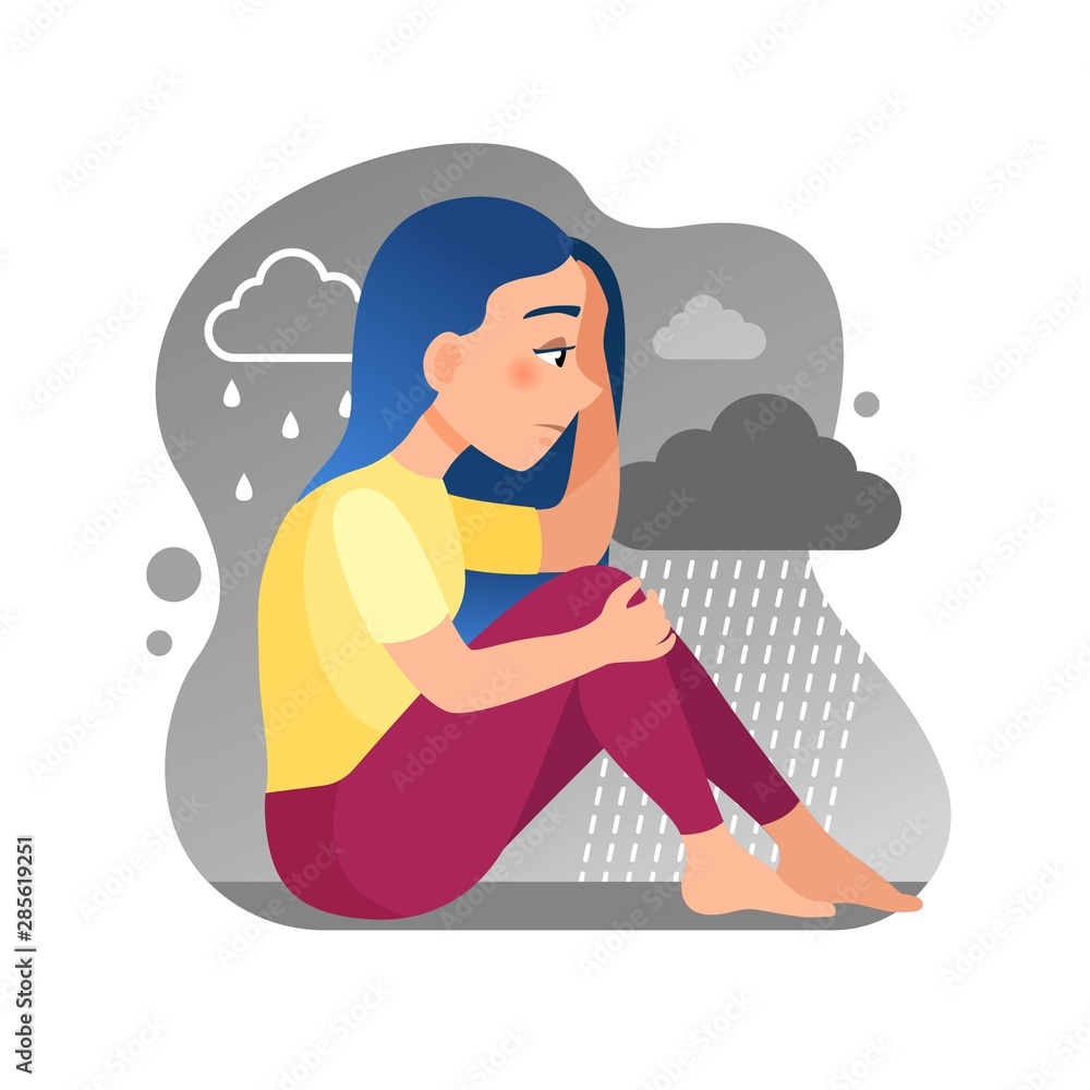Vector illustration of a cute girl sitting in the rain. Symbol of sadness, and depression. Vector illustration of a cute girl sitting in the rain. Symbol of sadness, and depression.