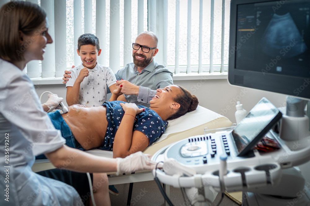 Obraz premium Pregnant woman and her family on utltrasonographic examination at hospital