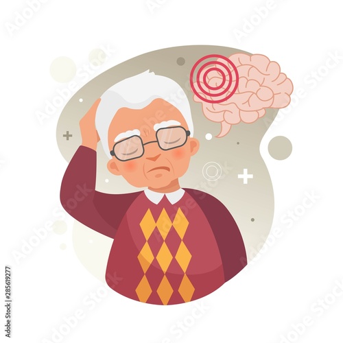 Vector illustration of a old man holds his head. The concept of headache, stroke, migraine.