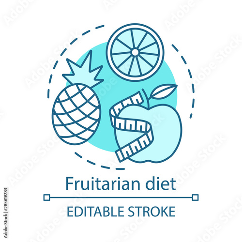 Fruitarian diet, vegan lifestyle concept icon. Vegetarian nutrition idea thin line illustration. Organic fruits. Fresh apple, pineapple and orange vector isolated outline drawing. Editable stroke