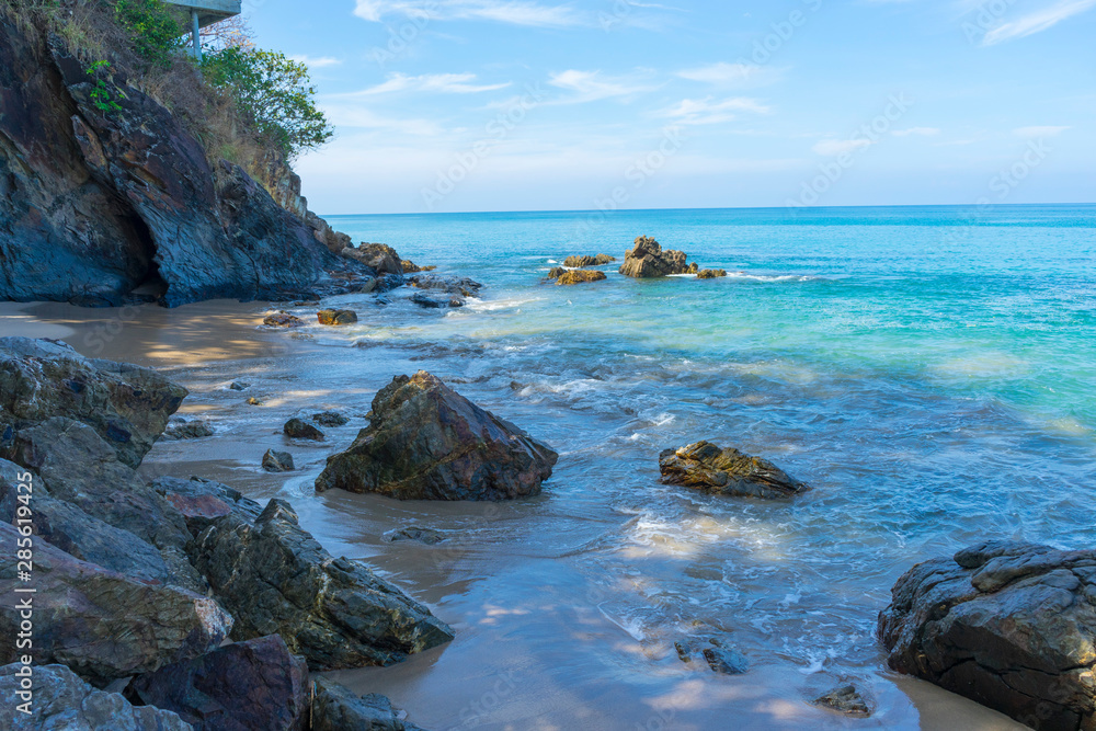 Beautiful beach and rock with blue sky in Koh Lanta, Thailand.