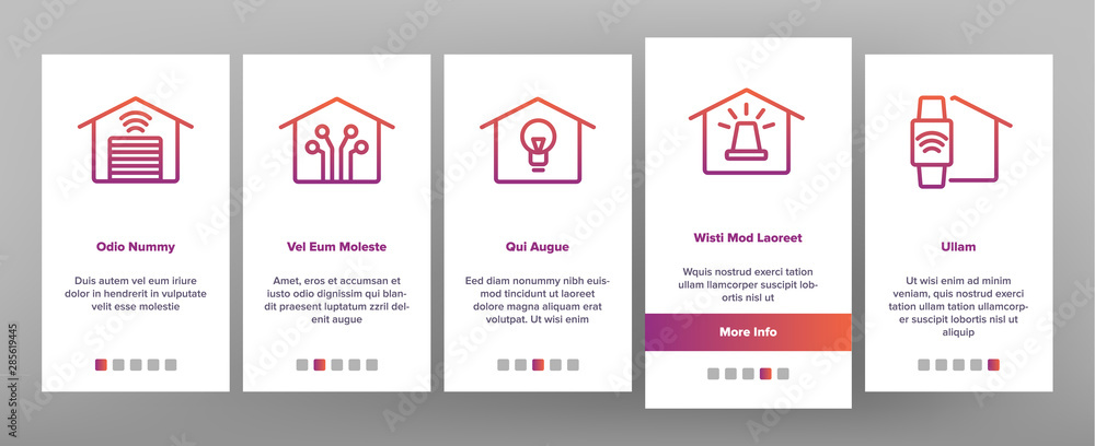 Smart Home Onboarding Mobile App Page Screen Set Vector. Control, Camera, Light Settings And Humidity Smart House Device Linear Pictograms. Automation Monitoring Contour Illustrations