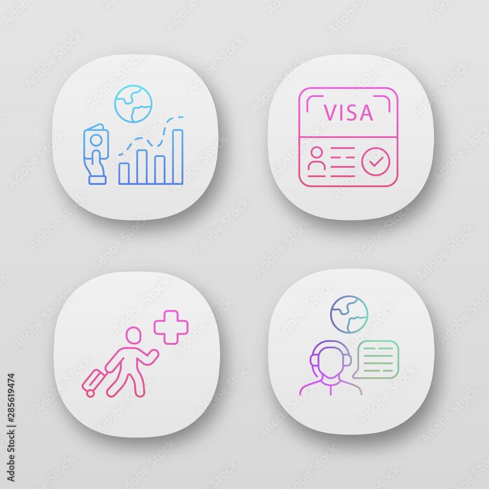 Immigration app icons set. Migration rate, start up visa. Humanitarian immigrant, travel consultant. Travelling abroad. UI/UX user interface. Web or mobile applications. Vector isolated illustrations