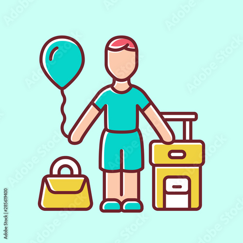 Immigrant child blue color icon. Kid travel abroad. Tourist trip. Holiday, tourism. Traveler, passenger with air balloon, carry on handbag and suitcase. Isolated vector illustration