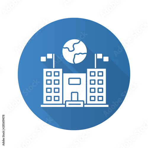 Immigration center blue flat design long shadow glyph icon. Consulate building. Administrative governmental structure. Earth globe over public building. Vector silhouette illustration