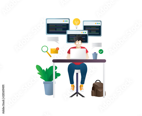 Programmer at work concept. Programmer and engineering development illustration. Software programming, web agency, professional employee at computer. Young man working on the computer programmer