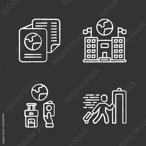 Immigration chalk icons set. Embassy and consulate building. Travel documents, security check. Trip equipment. Refugee, immigrant. Travelling abroad. Isolated vector chalkboard illustrations