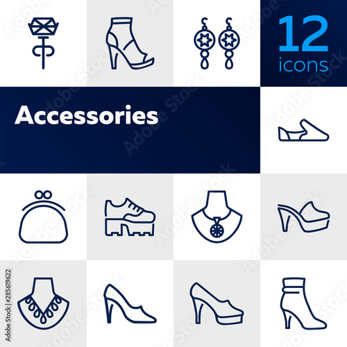 Accessories line icon set. Shoes, purse, necklace. Fashion concept. Can be used for topics like style, trend, jewelry