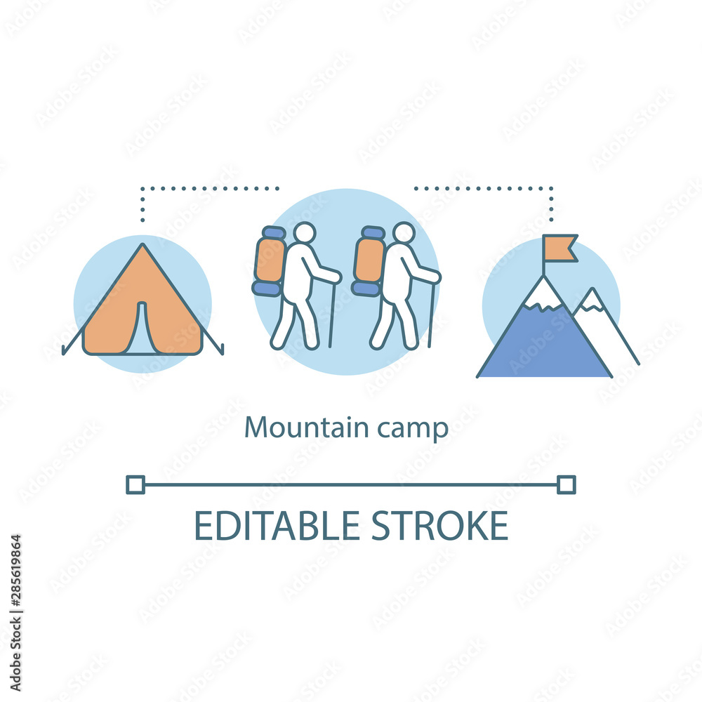 Obraz premium Mountain hiking, trekking camp concept icon. Summer camping holiday resort idea thin line illustration. Travelling in mountains, rock climbing. Vector isolated outline drawing. Editable stroke