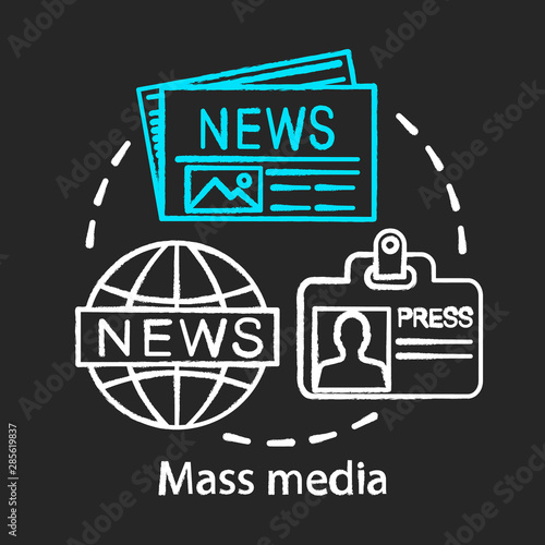 Mass media chalk concept icon. News agency. Journalism and press. Information channel. Review of world events. Newspaper editorial office idea. Vector isolated chalkboard illustration