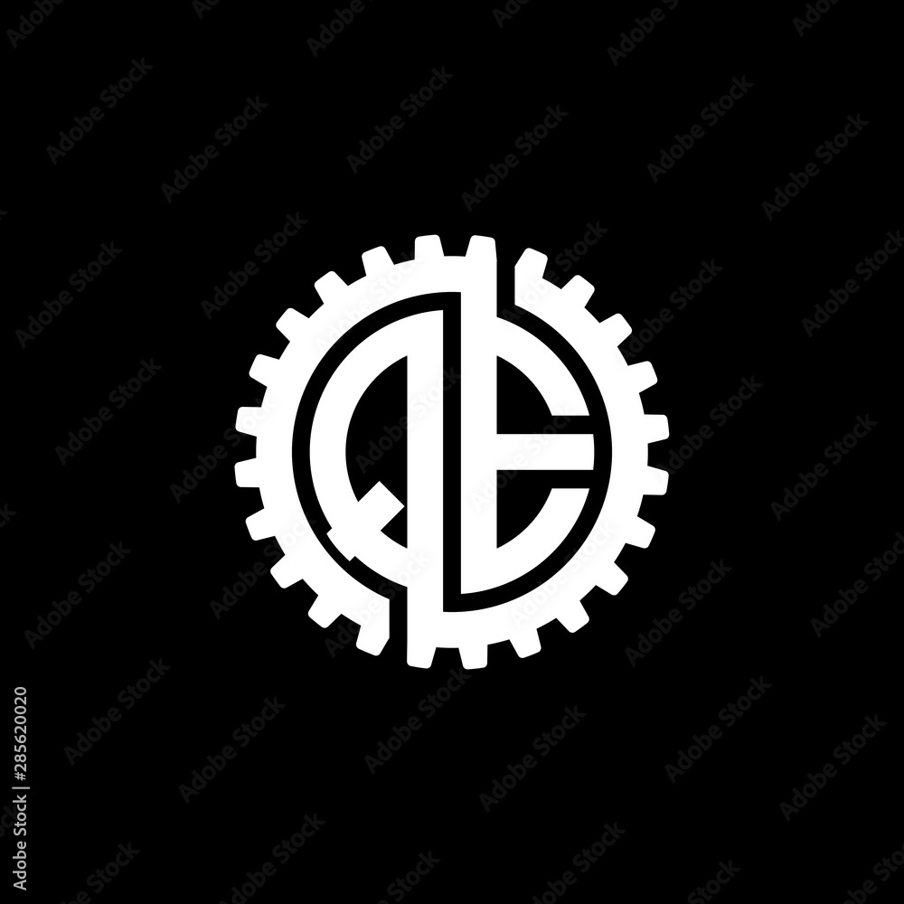 Initial letter Q and E, QE, interlock cogwheel gear monogram logo, white color on black background Initial letter Q and E, QE, interlock cogwheel gear monogram logo, white color on black background