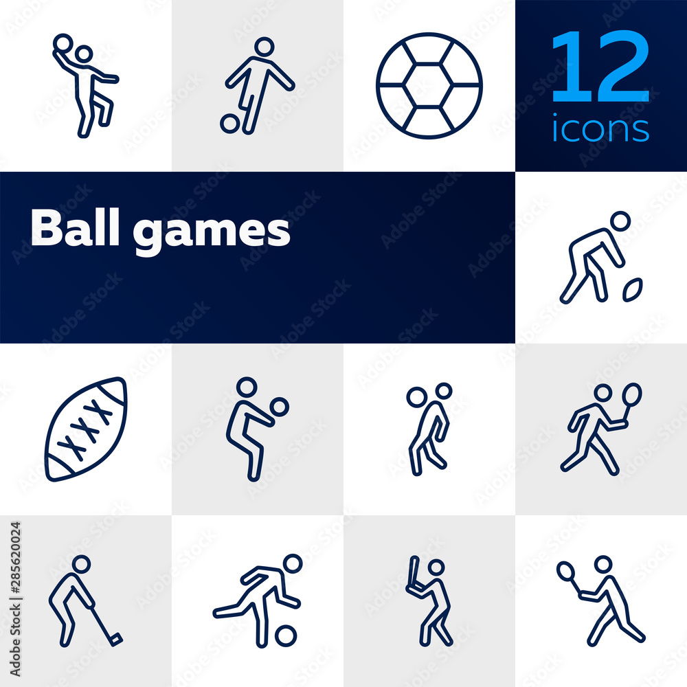 Ball games line icon set. Volleyball, football, soccer, rugby. Sport concept. Can be used for topics like sportsman, athlete, activity - obrazy, fototapety, plakaty 