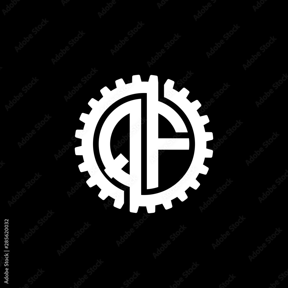 Initial letter Q and F, QF, interlock cogwheel gear monogram logo, white color on black background Initial letter Q and F, QF, interlock cogwheel gear monogram logo, white color on black background