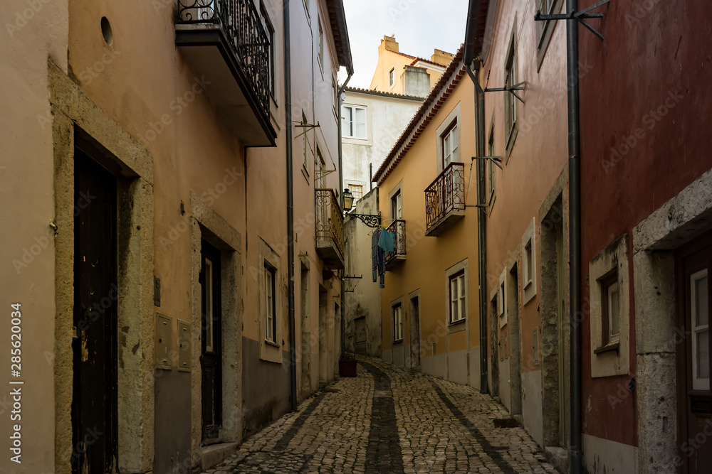 traditional portuguese  street in Lisbon, Old Town of Lisbon, Portugal.
