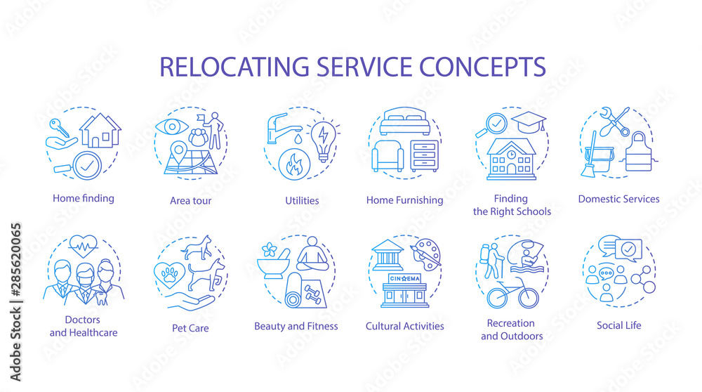 Relocation planning concept icons set. Moving house, changing dwelling place idea thin line illustration. Living conditions, social life organization. Vector isolated outline drawing. Editable stroke
