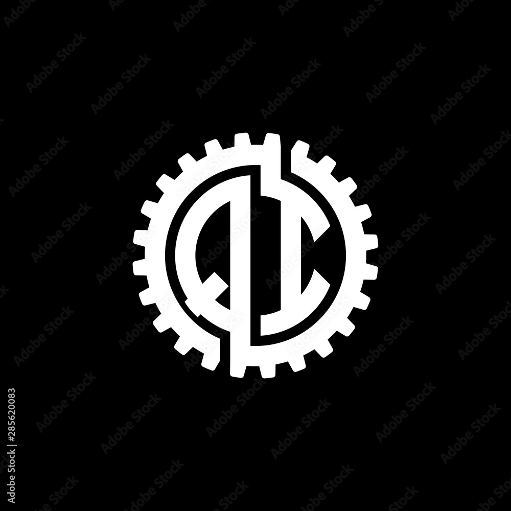 Initial letter Q and I, QI, interlock cogwheel gear monogram logo, white color on black background Initial letter Q and I, QI, interlock cogwheel gear monogram logo, white color on black background
