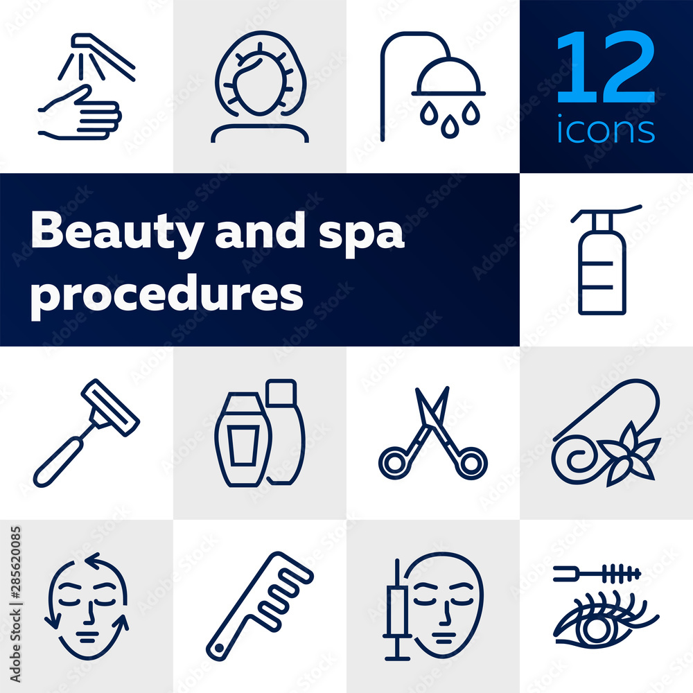 Beauty and spa procedures icons. Set of line icons on white background. Towel, face, syringe. Beauty salon concept. Vector illustration can be used for topics like spa, service, salon - obrazy, fototapety, plakaty 