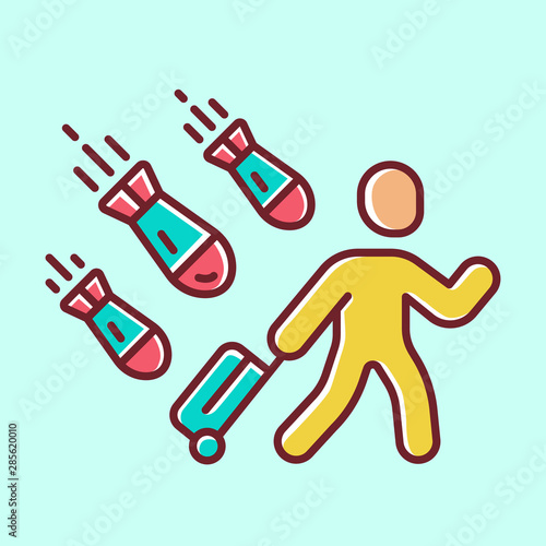 Refugee yellow color icon. Humanitarian aid and evacuation. Travelling abroad. Escaping emigrant. War victim. Illegal immigrant. Refugee with luggage. Isolated vector illustration