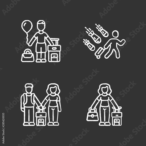 Refugees chalk icons set. Couple, kid travel abroad with suitcase. Tourist, traveler, passenger. Family trip, vacation, tourism. Immigrant child, family. Isolated vector chalkboard illustrations