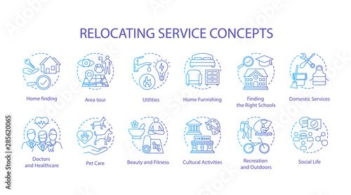 Relocation planning concept icons set. Moving house, changing dwelling place idea thin line illustration. Living conditions, social life organization. Vector isolated outline drawing. Editable stroke
