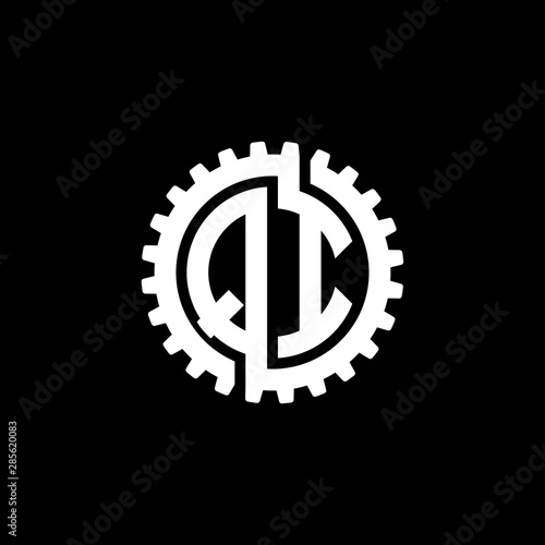 Initial letter Q and I, QI, interlock cogwheel gear monogram logo, white color on black background