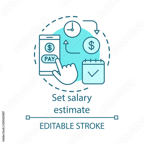 Set salary estimate concept icon. Wage payment idea thin line illustration. Budget calculation, accounting. Online billing service. Financial calendar. Vector isolated outline drawing. Editable stroke