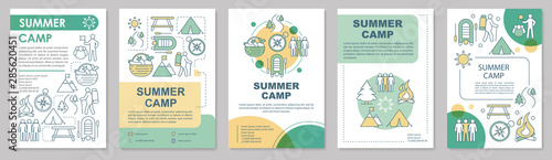 Summer camp, vacation, holiday resort brochure template layout. Flyer, booklet, leaflet print design with linear illustrations. Vector page layouts for magazines, annual reports, advertising posters