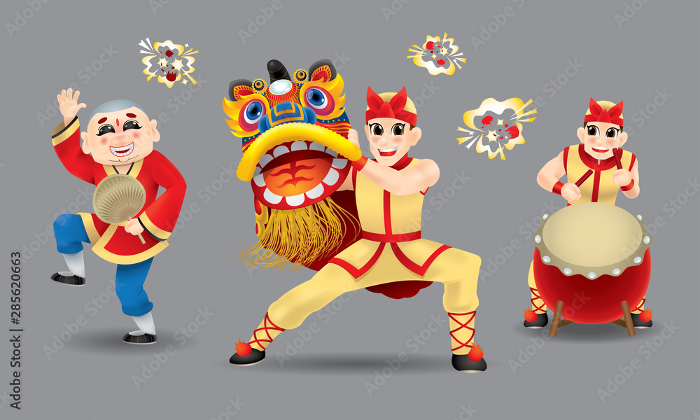 Happy men performing traditional Chinese lion dance. Isolated. With different colors. Happy men performing traditional Chinese lion dance. Isolated. With different colors.