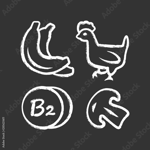 Vitamin B2 chalk icon. Bananas, poultry and mushroom. Healthy eating. Riboflavin food source. Proper nutrition. Fruits, meat products. Minerals, antioxidants. Isolated vector chalkboard illustration