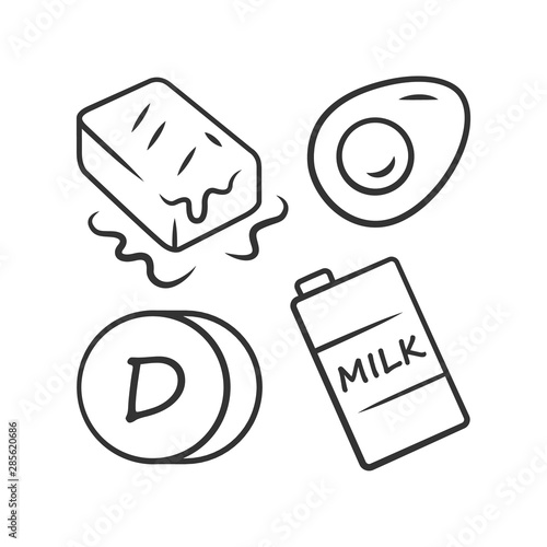Vitamin D linear icon. Butter, egg and milk. Healthy eating. Cholecalciferol food source. Dairy products. Thin line illustration. Contour symbol. Vector isolated outline drawing. Editable stroke