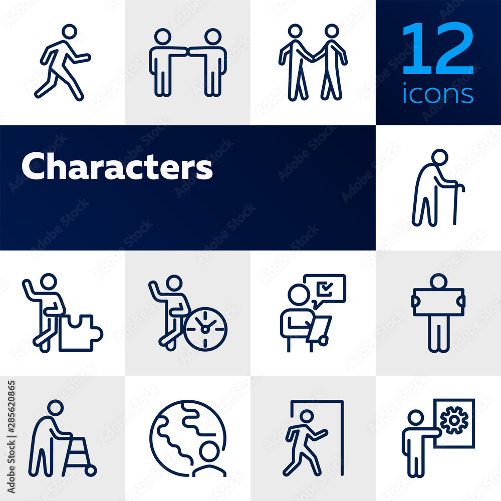 Characters line icon set. Old man, person, world. Sociality concept. Vector illustration can be used for topics like relations, working, communication - obrazy, fototapety, plakaty 