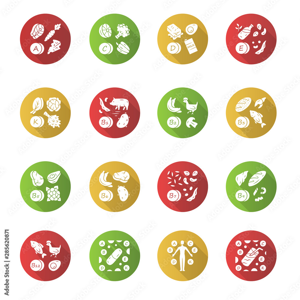 Vitamins flat design long shadow glyph icons set. A, C, D, E, K, B natural food source. Vitamin pill, complex, cocktail. Fruits and vegetables. Minerals, antioxidants. Vector silhouette illustration Vitamins flat design long shadow glyph icons set. A, C, D, E, K, B natural food source. Vitamin pill, complex, cocktail. Fruits and vegetables. Minerals, antioxidants. Vector silhouette illustration