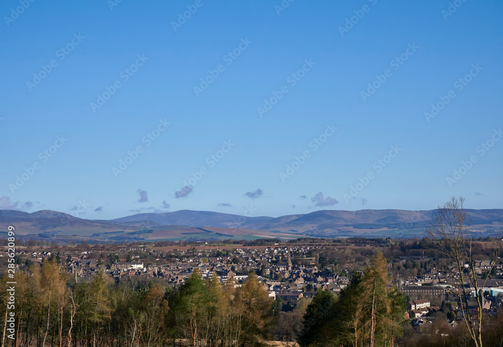 A view of Brechin from the Valley side looking north to the Angus Glens on a bright Spring day in March. Brechin, Angus, Scotland.