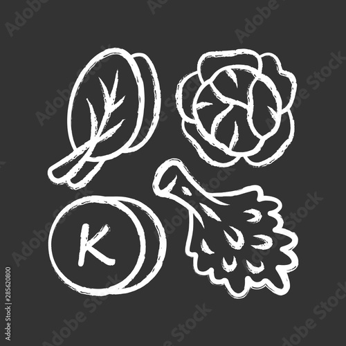 Vitamin K chalk icon. Edible greens and cabbage. Healthy food. Minerals, antioxidants natural source. Proper nutrition. Isolated vector chalkboard illustration