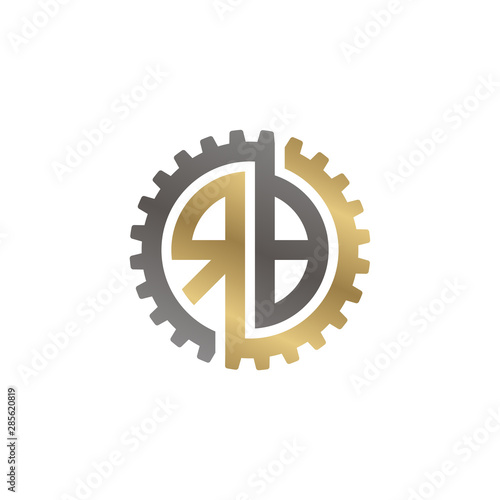 Initial letter R and B, RB, interlock cogwheel gear logo, black gold on white background
