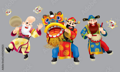  Three cute Chinese gods (represent long life, wealthy and career) performing traditional Chinese lion dance. Isolated. With different colors.