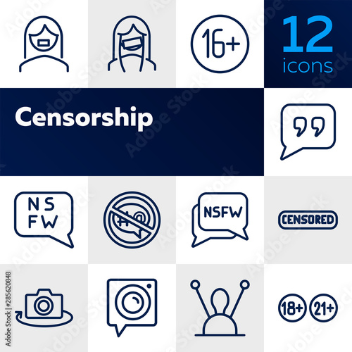 Censorship line icon set. Set of line icons on white background. TV requirement concept. Camera, antenna, stamp. Vector illustration can be used for topics like cinema, TV, radio, social media